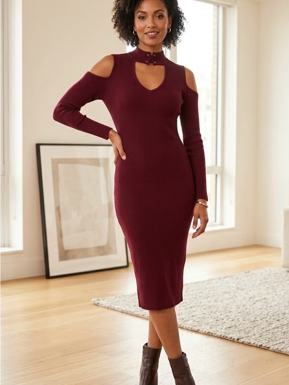 Almost Famous Burgundy Cold-Shoulder Ribbed Midi Dress